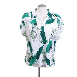 Tahari Womens Button Up Linen Shirt Sleeveless White Green Palm Print Size XL